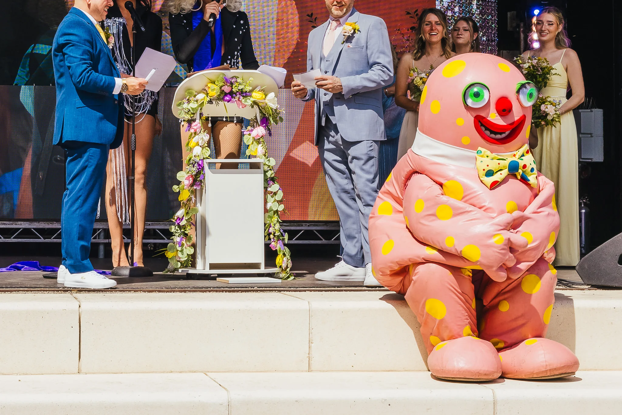 Mr Blobby beside the wedding ceremony at Binks Yard