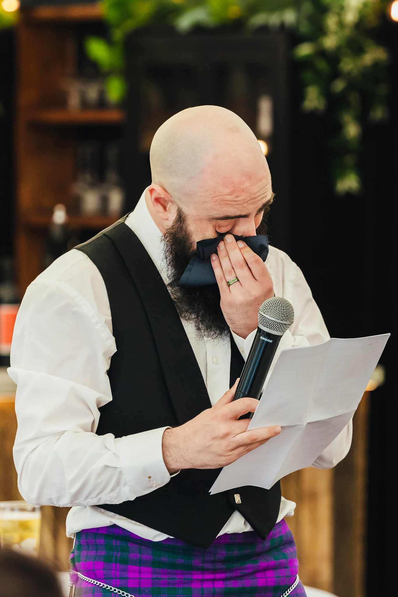 Groom tearing up during his speech at Pipperly Walled Garden
