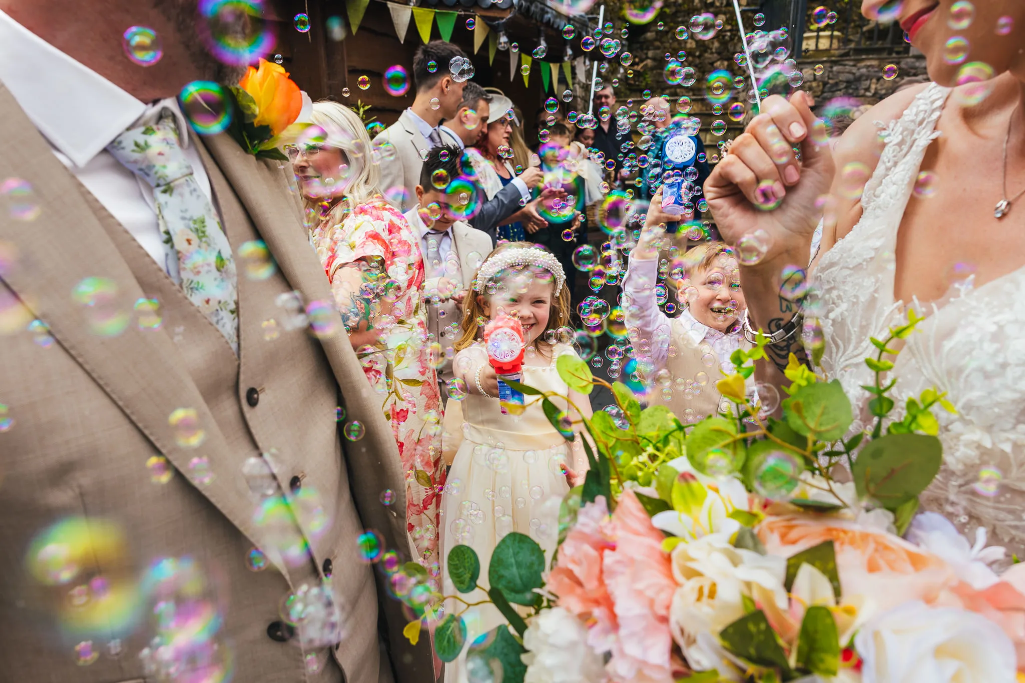 Couple in confetti at The Fish Pond in Matlock Bath